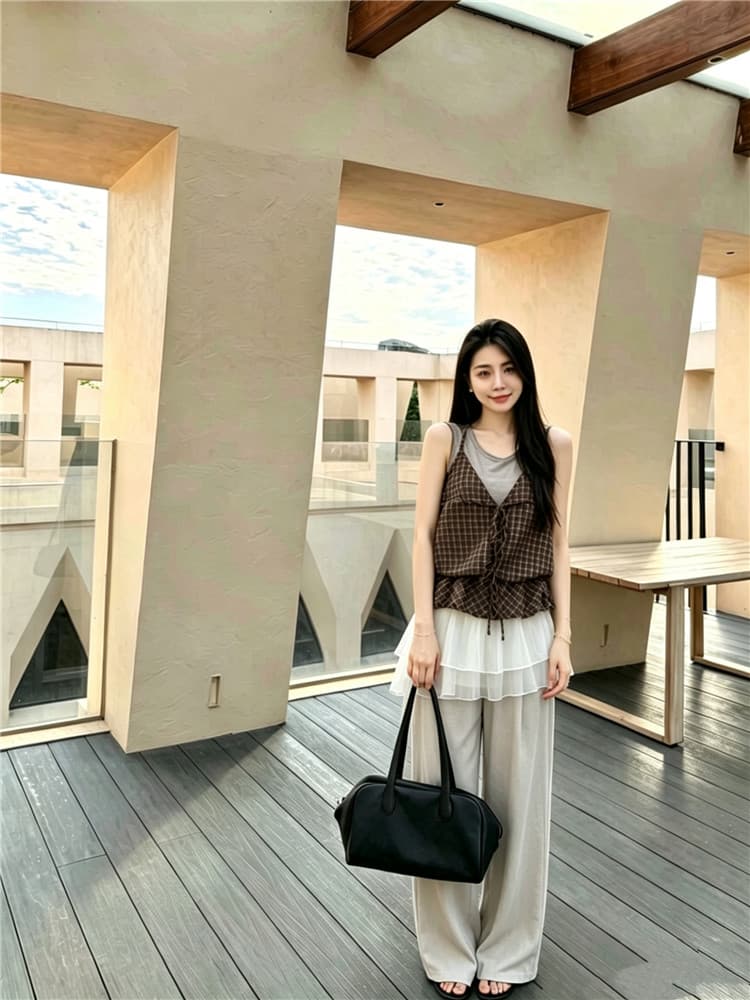 실사 한 부서 체크무늬 패치워크 민소매 조끼 디자인 센스 캐주얼 행침 목 페이크 레이어드 맨위 상세 이미지 9