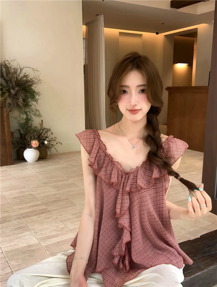 실사 프랑스식 레트로 체크무늬 루즈핏 불규칙 프릴 느슨함 센스 맨위 쉬폰 블라우스 이미지 4
