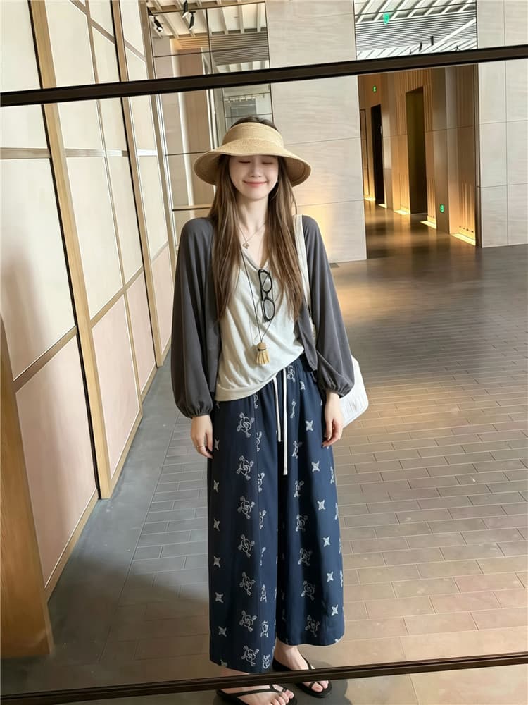 실사 한 부서 조끼 오픈 가디건 프린트 와이드 레그 팬츠 3종 세트 여름 자외선 차단 느긋한 바람 세트 상세 이미지 1