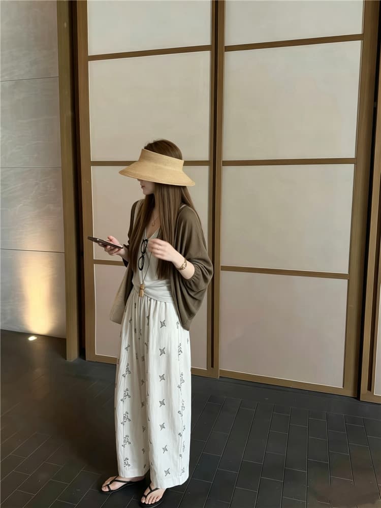 실사 한 부서 조끼 오픈 가디건 프린트 와이드 레그 팬츠 3종 세트 여름 자외선 차단 느긋한 바람 세트 상세 이미지 5