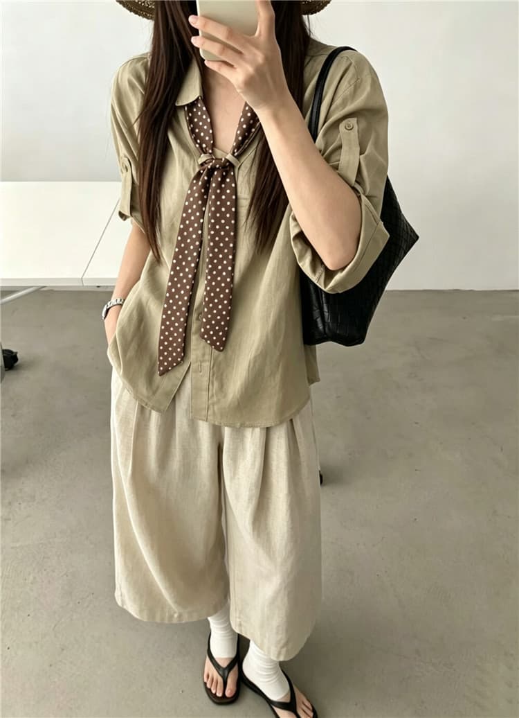 실사 여름 새로운 레트로 도트 무늬 스카프 볼륨 측면 루즈핏 셔츠 상세 이미지 2