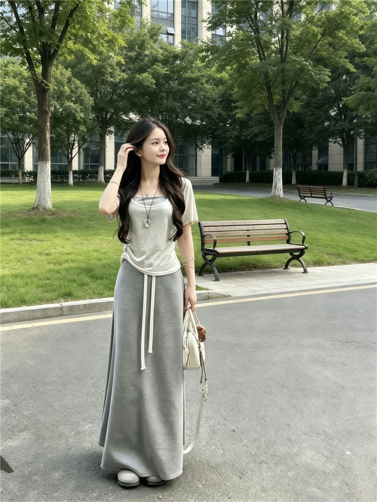 실사 한 부서 슬립 스택 착용 얇은 스타일 루즈핏 반팔 맨위 루즈핏 반신 스커트 3종 세트 이미지 3
