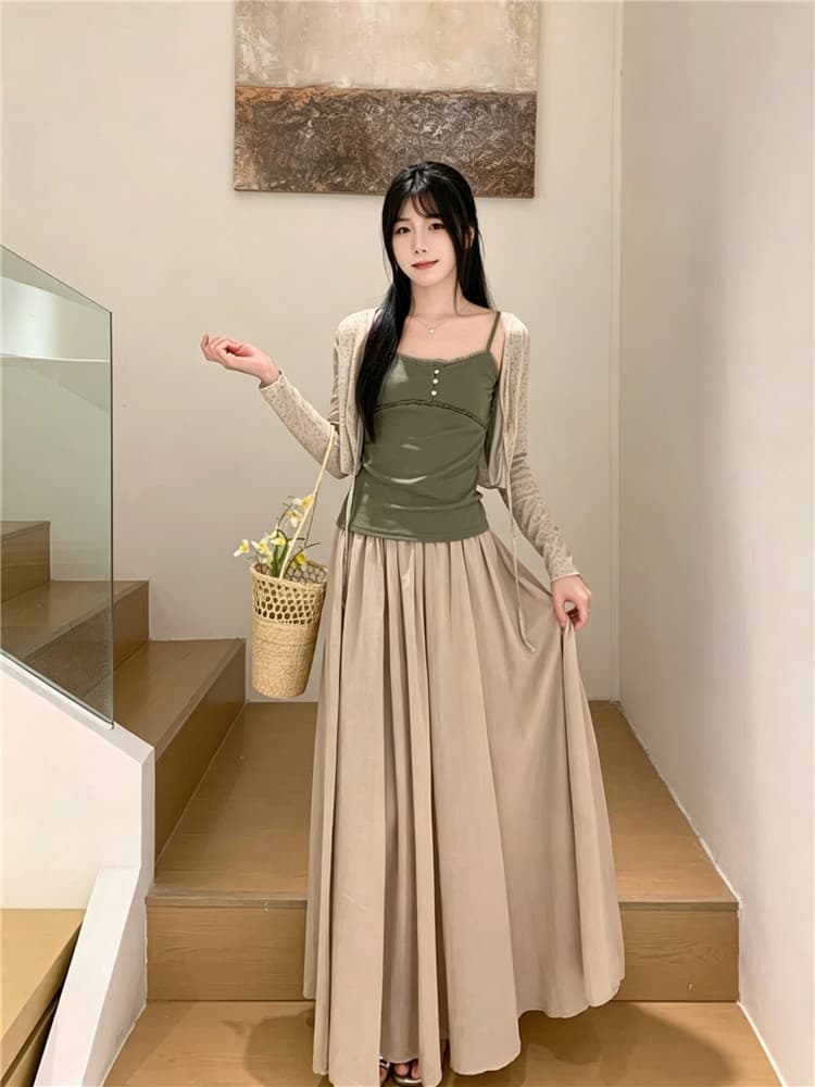 실사 한 부서 얇은 스타일 꽃무늬 자외선 차단 니트 오픈 가디건 스택 착용 캐미솔 여름 반신 스커트 3종 세트