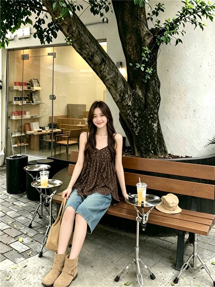 실사 휴가 바람 디자인 센스 꽃무늬 캐미솔 프릴 민소매 맨위 상세 이미지 2