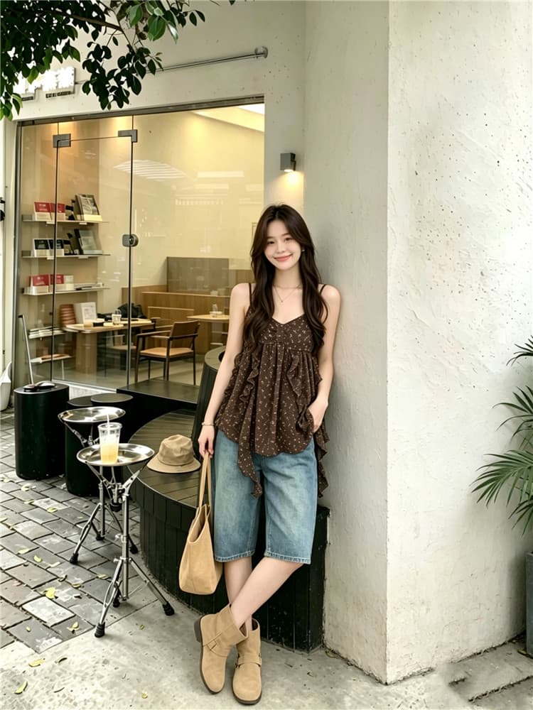 실사 휴가 바람 디자인 센스 꽃무늬 캐미솔 프릴 민소매 맨위 상세 이미지 6