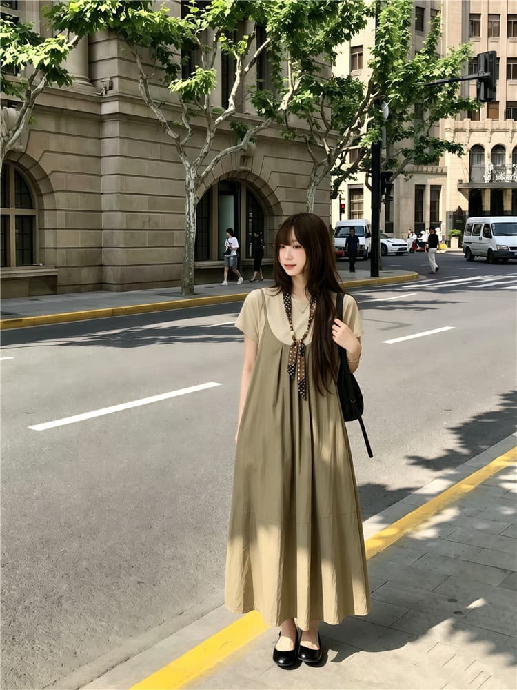 실사 한 부서 반팔 티셔츠 스택 착용 슬립 드레스 롱 스커트 보내기 스카프 3종 세트