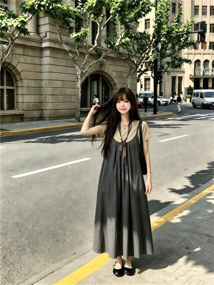 실사 한 부서 반팔 티셔츠 스택 착용 슬립 드레스 롱 스커트 보내기 스카프 3종 세트 이미지 3