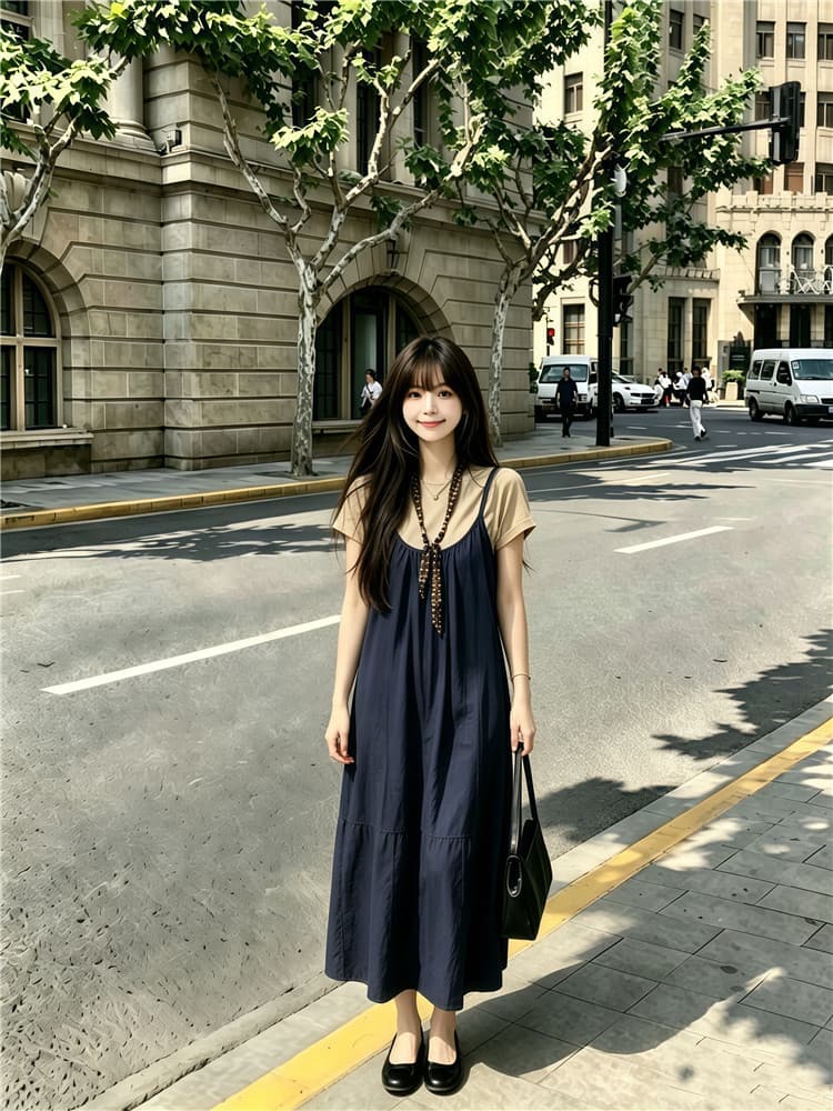 실사 한 부서 반팔 티셔츠 스택 착용 슬립 드레스 롱 스커트 보내기 스카프 3종 세트 상세 이미지 6