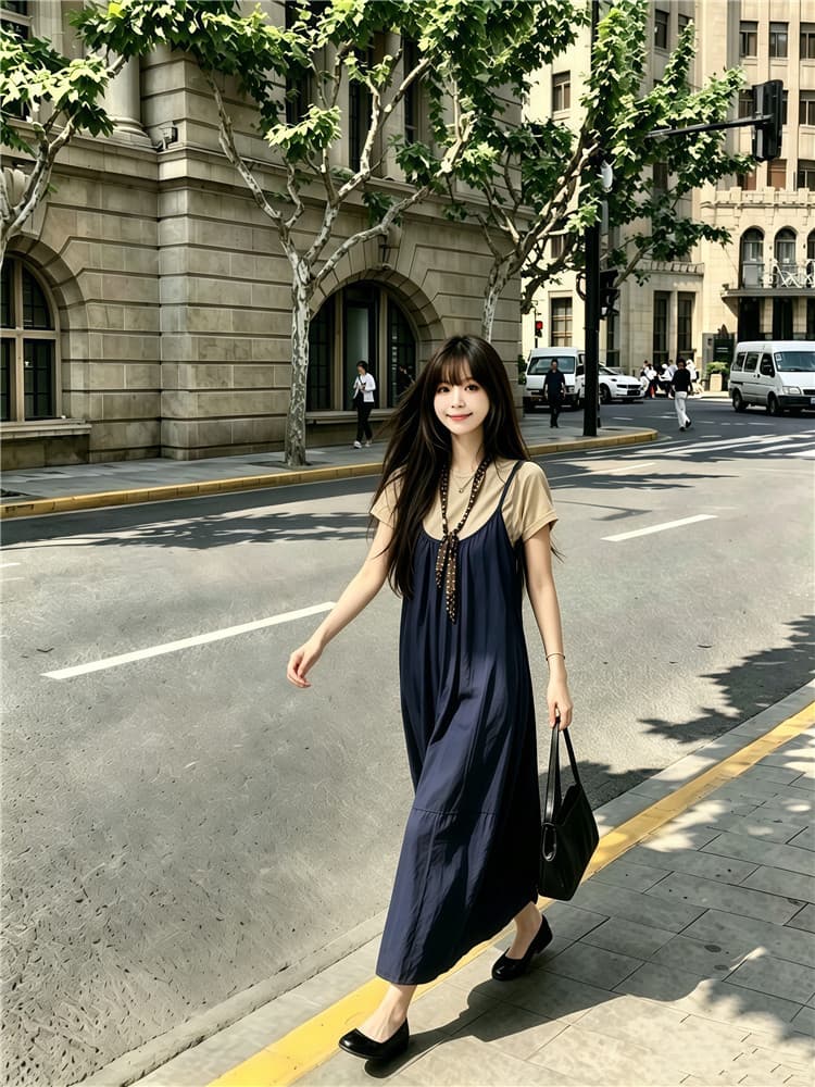 실사 한 부서 반팔 티셔츠 스택 착용 슬립 드레스 롱 스커트 보내기 스카프 3종 세트 상세 이미지 7
