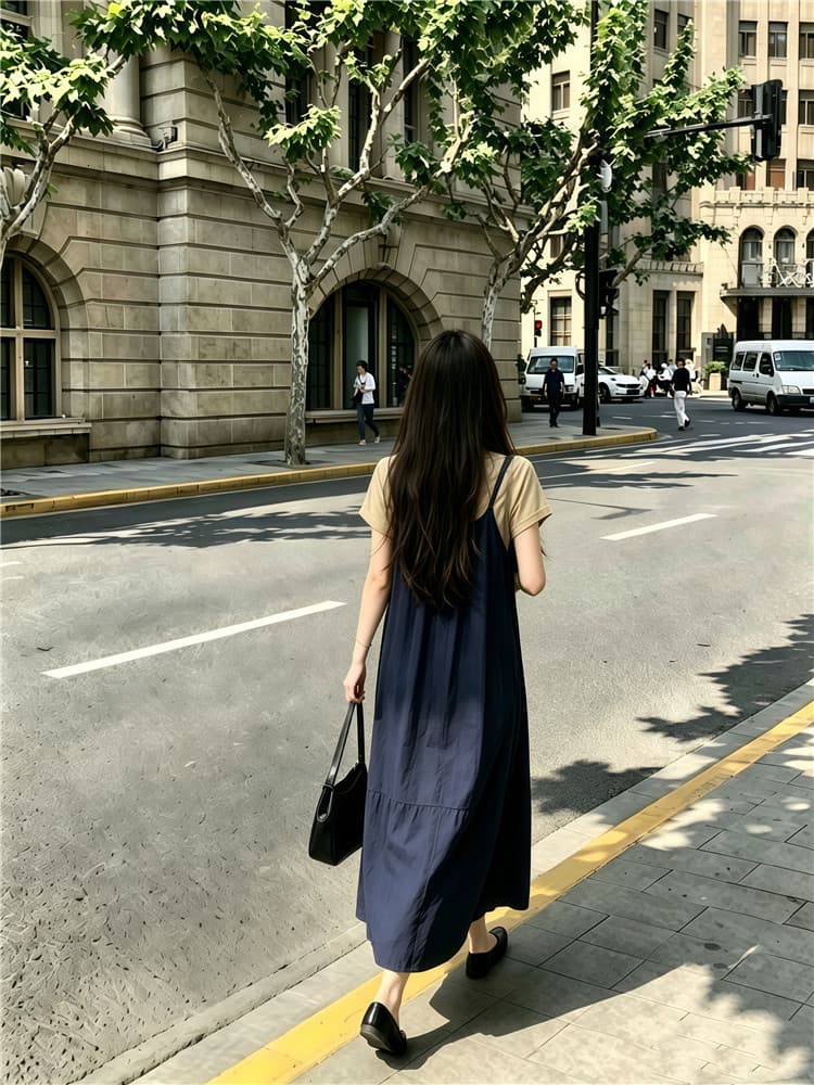 실사 한 부서 반팔 티셔츠 스택 착용 슬립 드레스 롱 스커트 보내기 스카프 3종 세트 상세 이미지 8