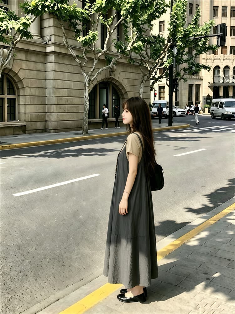 실사 한 부서 반팔 티셔츠 스택 착용 슬립 드레스 롱 스커트 보내기 스카프 3종 세트 상세 이미지 10