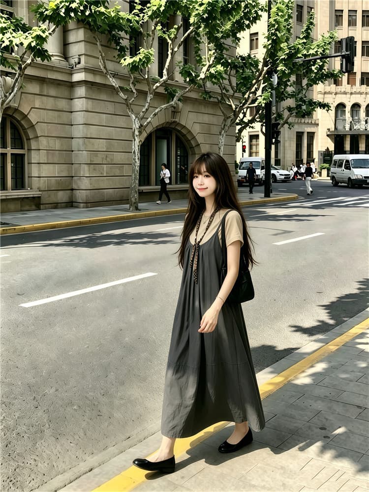 실사 한 부서 반팔 티셔츠 스택 착용 슬립 드레스 롱 스커트 보내기 스카프 3종 세트 상세 이미지 11