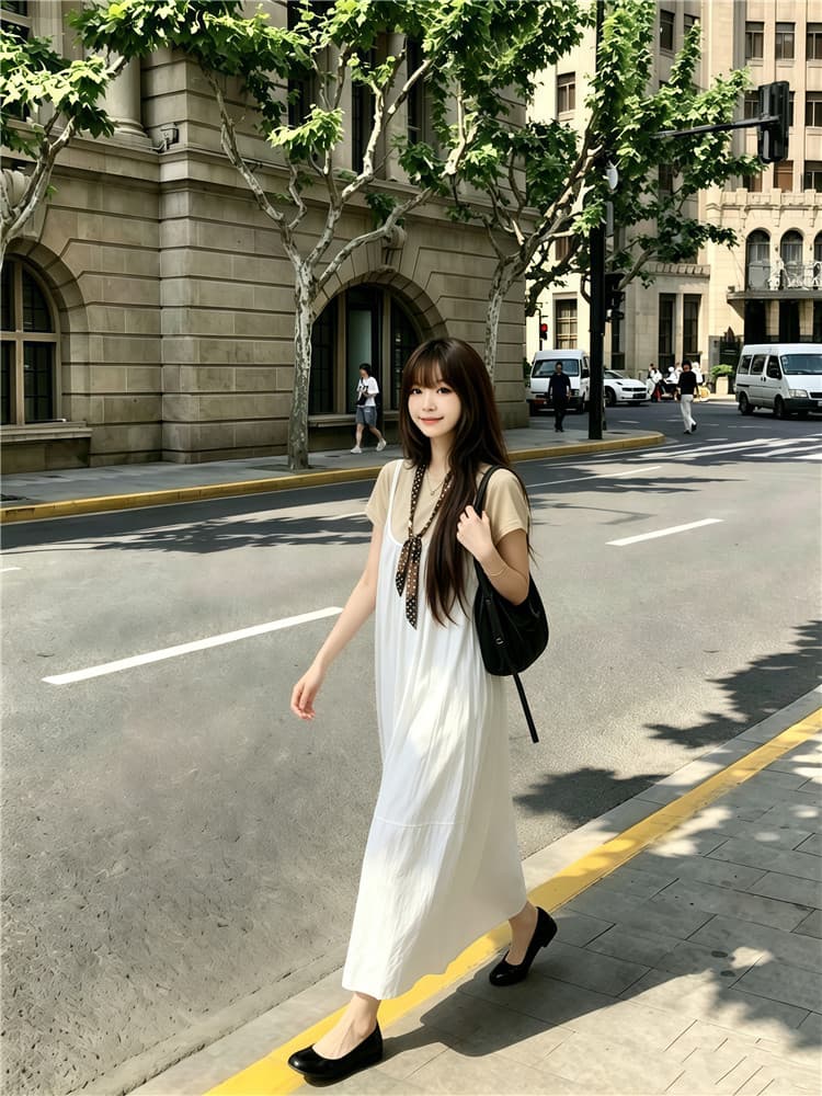 실사 한 부서 반팔 티셔츠 스택 착용 슬립 드레스 롱 스커트 보내기 스카프 3종 세트 상세 이미지 13
