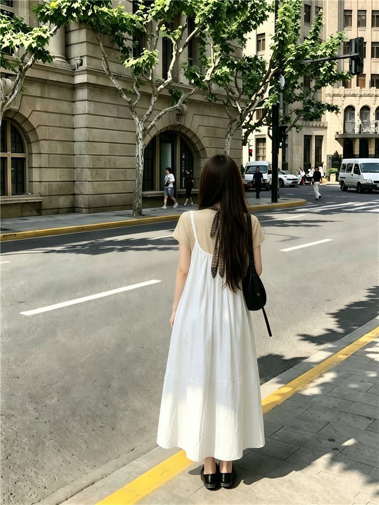 실사 한 부서 반팔 티셔츠 스택 착용 슬립 드레스 롱 스커트 보내기 스카프 3종 세트 상세 이미지 14