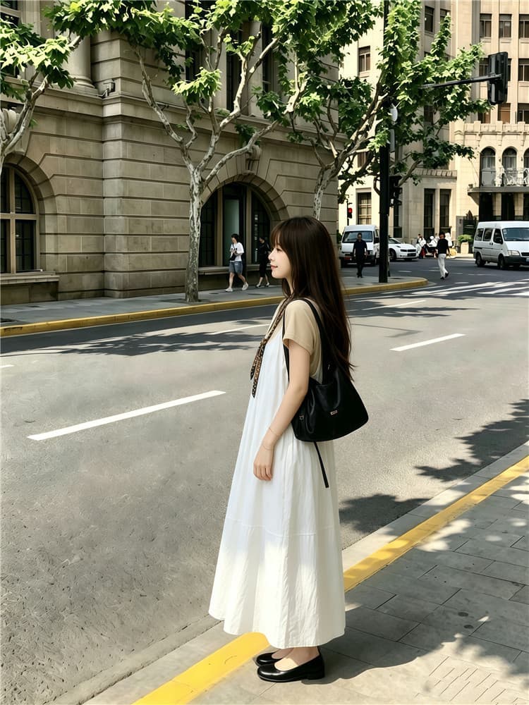 실사 한 부서 반팔 티셔츠 스택 착용 슬립 드레스 롱 스커트 보내기 스카프 3종 세트 상세 이미지 15