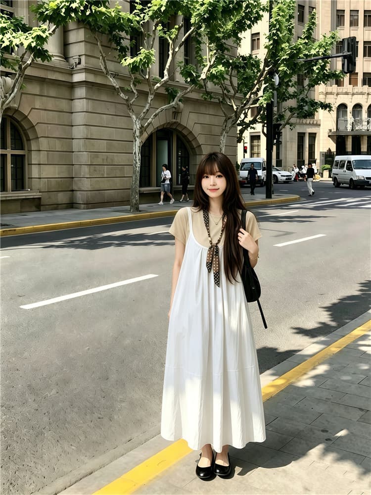 실사 한 부서 반팔 티셔츠 스택 착용 슬립 드레스 롱 스커트 보내기 스카프 3종 세트 상세 이미지 16
