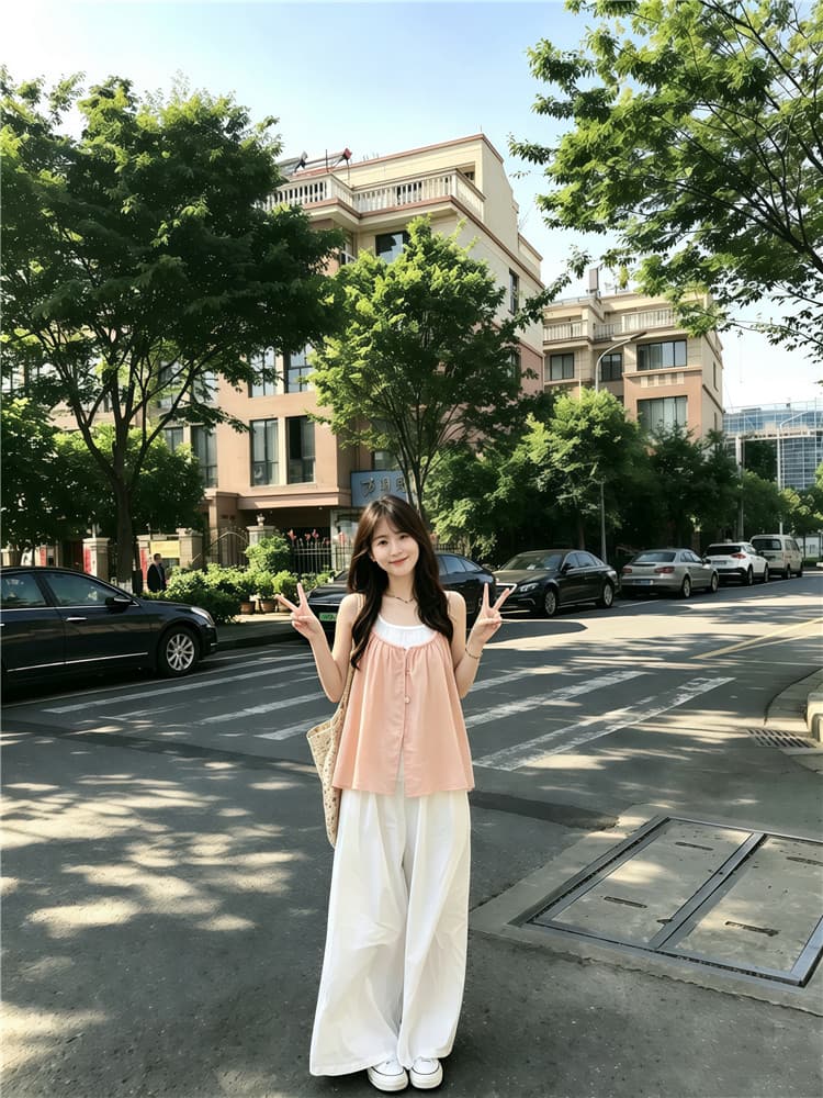 실사 한 부서 연령 감소 레이스업 민소매 슬립 작은 셔츠 스택 착용 투피스 조끼 도루 센스 와이드 레그 팬츠 이미지 2