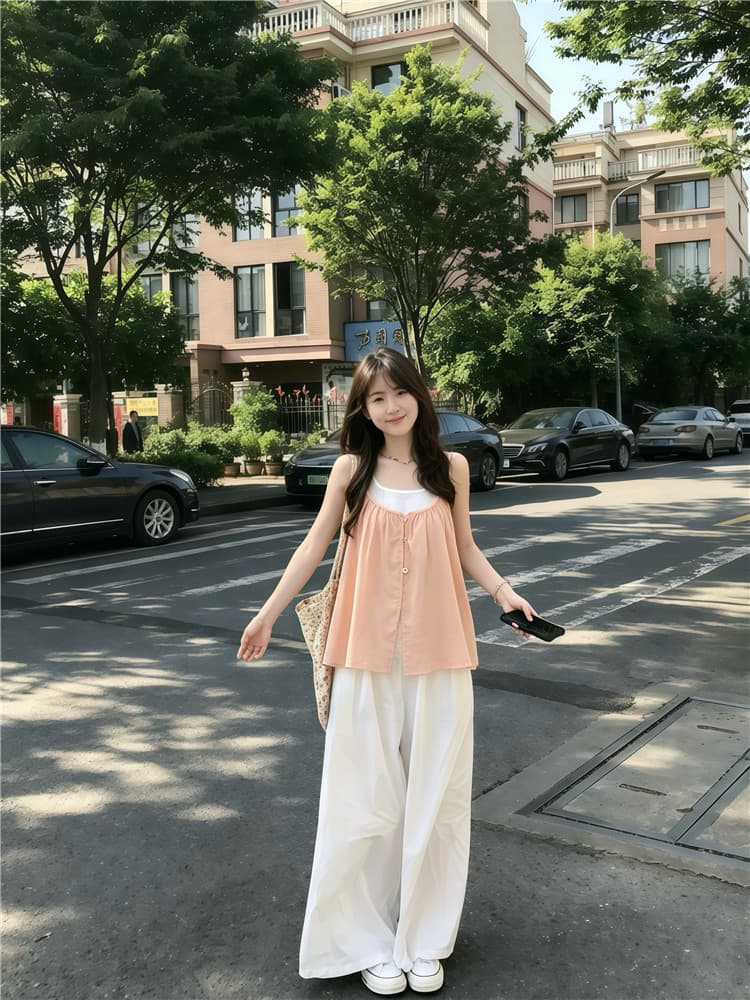 실사 한 부서 연령 감소 레이스업 민소매 슬립 작은 셔츠 스택 착용 투피스 조끼 도루 센스 와이드 레그 팬츠 상세 이미지 4