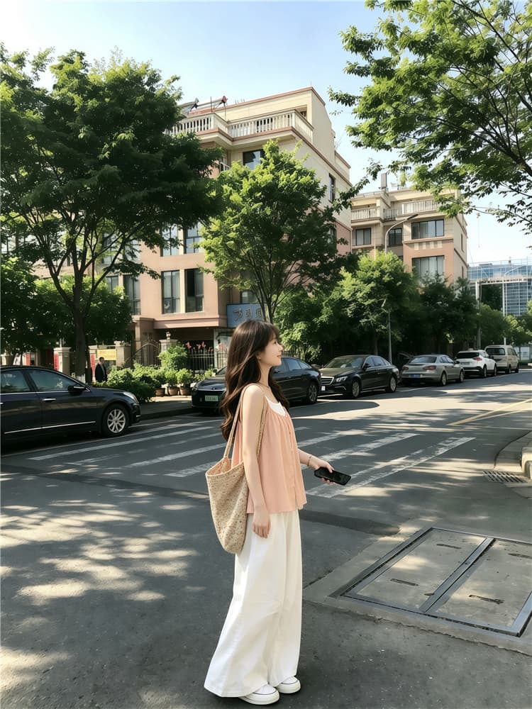 실사 한 부서 연령 감소 레이스업 민소매 슬립 작은 셔츠 스택 착용 투피스 조끼 도루 센스 와이드 레그 팬츠 상세 이미지 5