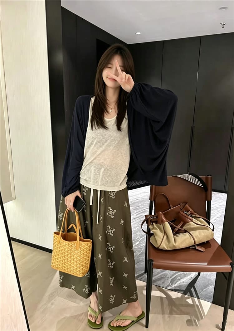 실사 한 부서 조끼 오픈 가디건 프린트 와이드 레그 팬츠 3종 세트 여름 자외선 차단 느긋한 바람 세트 이미지 3