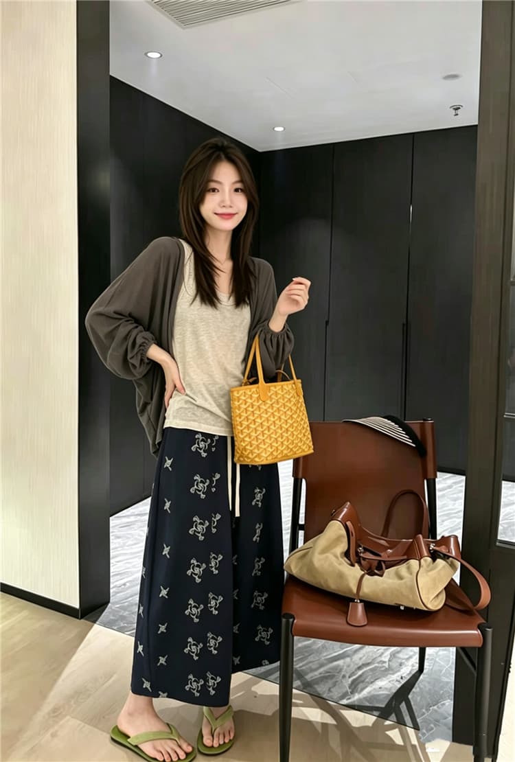 실사 한 부서 조끼 오픈 가디건 프린트 와이드 레그 팬츠 3종 세트 여름 자외선 차단 느긋한 바람 세트 상세 이미지 1