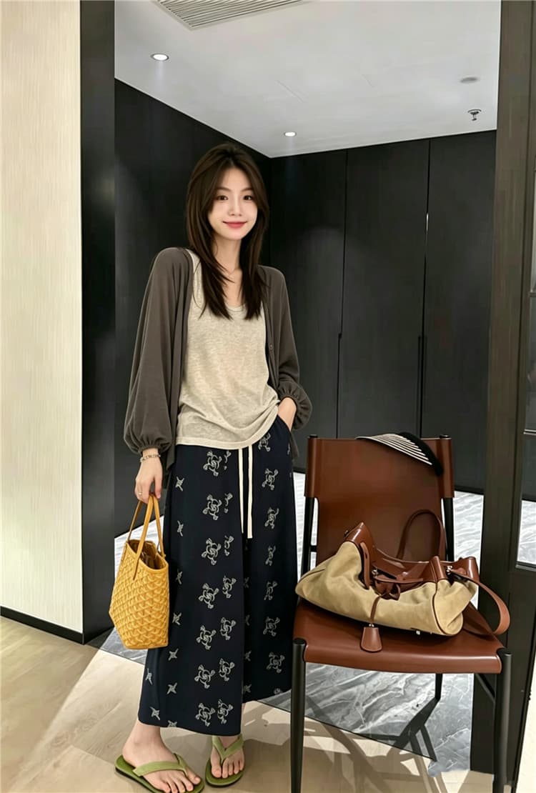 실사 한 부서 조끼 오픈 가디건 프린트 와이드 레그 팬츠 3종 세트 여름 자외선 차단 느긋한 바람 세트 상세 이미지 2