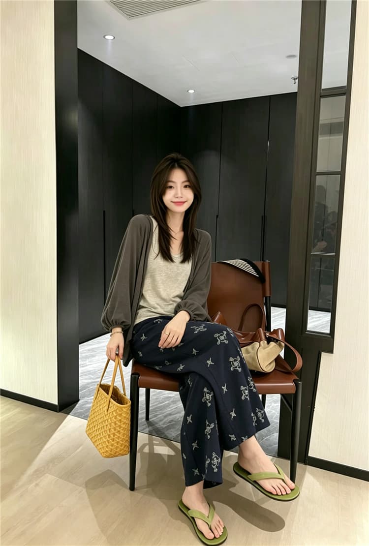 실사 한 부서 조끼 오픈 가디건 프린트 와이드 레그 팬츠 3종 세트 여름 자외선 차단 느긋한 바람 세트 상세 이미지 4