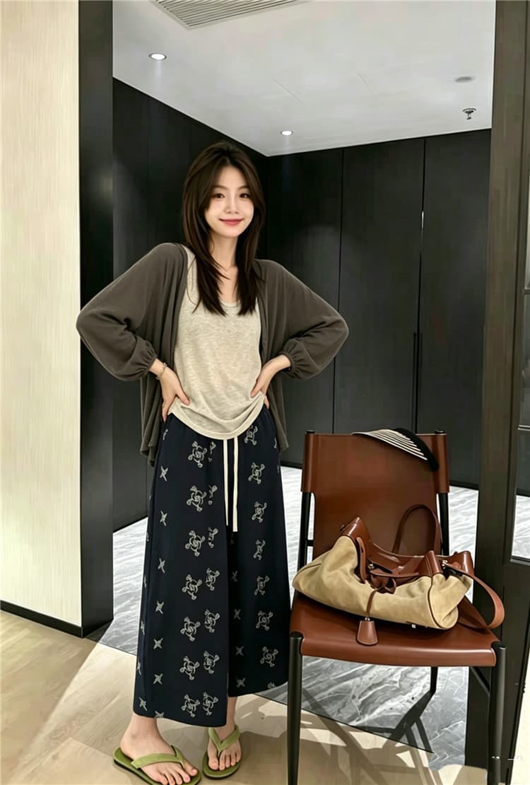 실사 한 부서 조끼 오픈 가디건 프린트 와이드 레그 팬츠 3종 세트 여름 자외선 차단 느긋한 바람 세트 상세 이미지 5