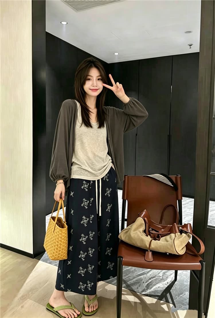 실사 한 부서 조끼 오픈 가디건 프린트 와이드 레그 팬츠 3종 세트 여름 자외선 차단 느긋한 바람 세트 상세 이미지 6