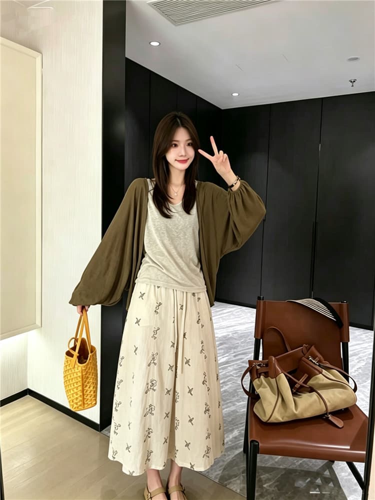 실사 한 부서 조끼 오픈 가디건 프린트 와이드 레그 팬츠 3종 세트 여름 자외선 차단 느긋한 바람 세트 상세 이미지 15