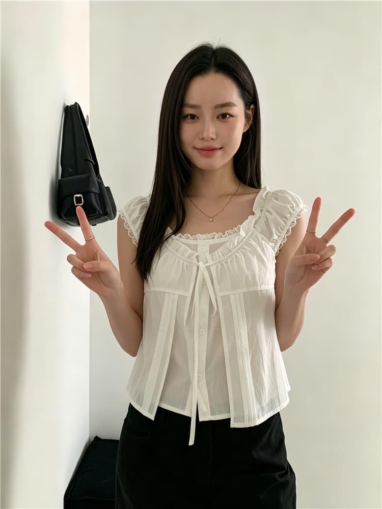 실사 레이스 레이스 페이크 레이어드 셔츠 레이스업 반팔 맨위 여성 상세 이미지 3