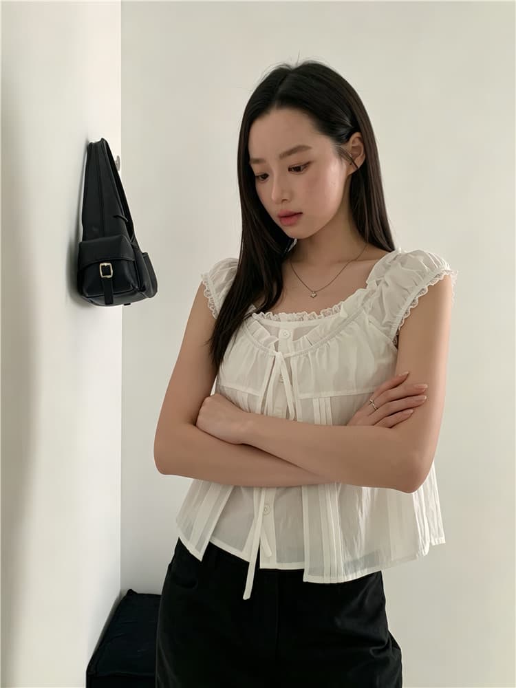실사 레이스 레이스 페이크 레이어드 셔츠 레이스업 반팔 맨위 여성 상세 이미지 4