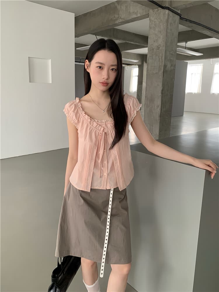 실사 레이스 레이스 페이크 레이어드 셔츠 레이스업 반팔 맨위 여성 상세 이미지 6