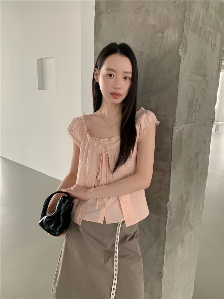 실사 레이스 레이스 페이크 레이어드 셔츠 레이스업 반팔 맨위 여성 상세 이미지 8