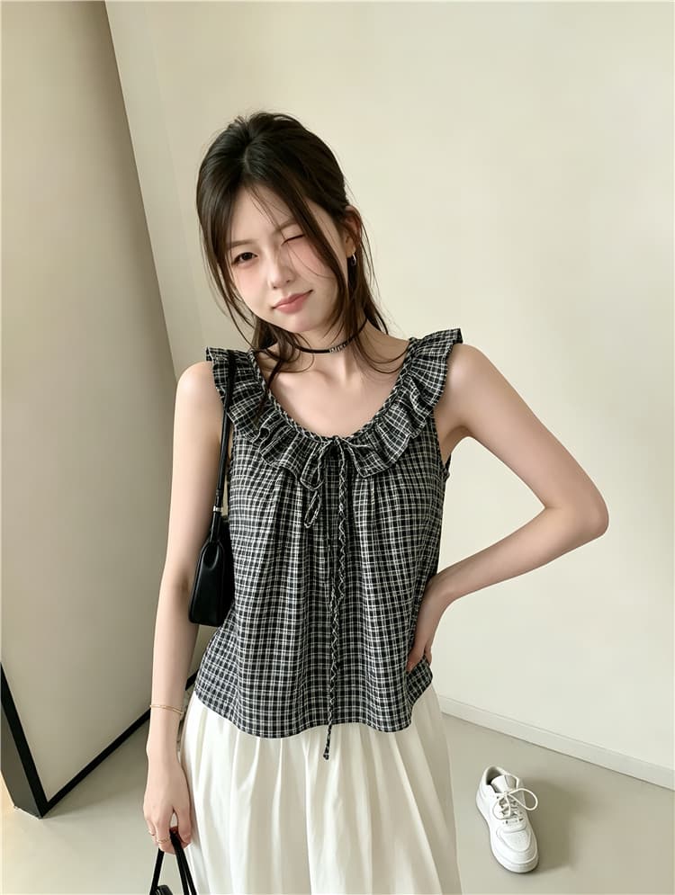 실사 한 부서 체크무늬 프릴 캐미솔 핫걸 작은 셔츠 맨위 여성 이미지 2