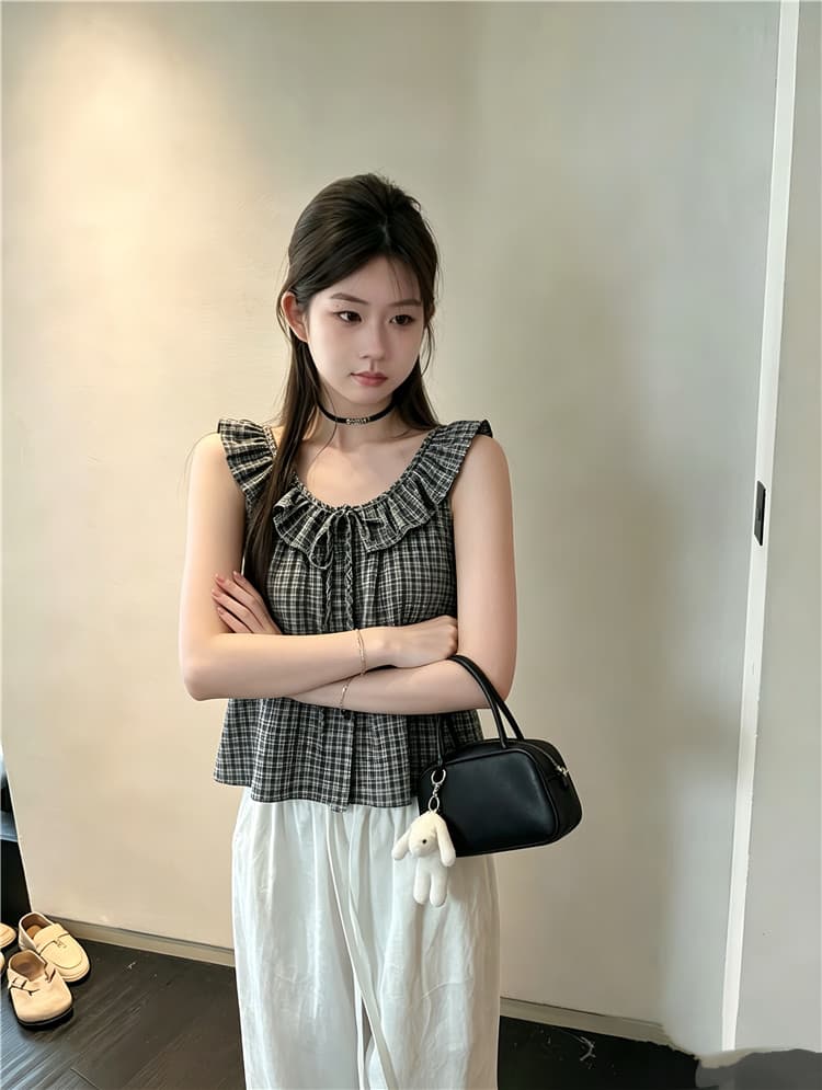 실사 한 부서 체크무늬 프릴 캐미솔 핫걸 작은 셔츠 맨위 여성 상세 이미지 1