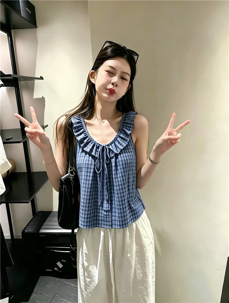 실사 한 부서 체크무늬 프릴 캐미솔 핫걸 작은 셔츠 맨위 여성 상세 이미지 7