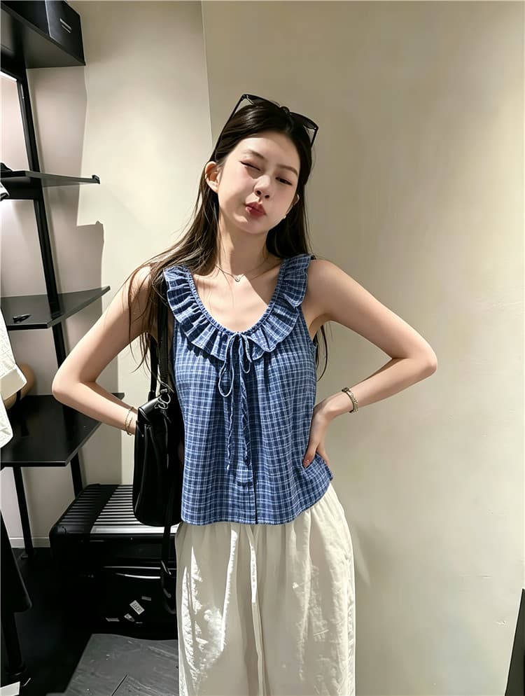 실사 한 부서 체크무늬 프릴 캐미솔 핫걸 작은 셔츠 맨위 여성 상세 이미지 9