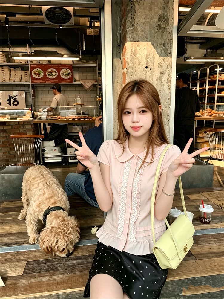 실사 베이비 칼라 플리츠 프릴 새로운 허리 수축 맨위 여름 작은 셔츠 상세 이미지 3