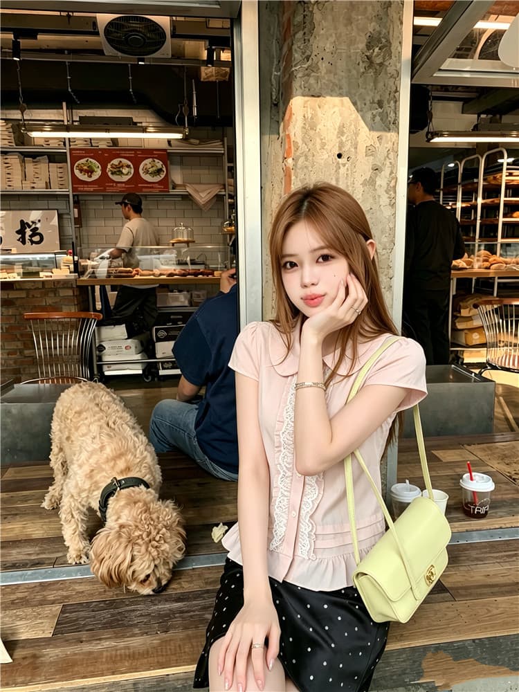 실사 베이비 칼라 플리츠 프릴 새로운 허리 수축 맨위 여름 작은 셔츠 상세 이미지 4