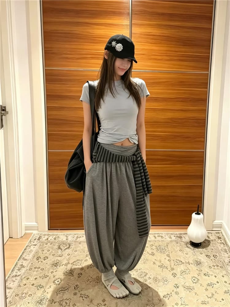 실사 둘째 머리카락 한 부서 작은 대중 허리 힙 Pleat 루즈핏 도루 센스 9부 바지 배기 바지