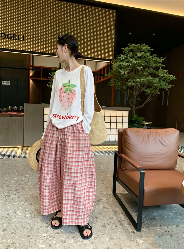 실사 레트로 핑크색 체크무늬 와이드 레그 팬츠 긴팔 얇은 스타일 다이아몬드 세팅 자외선 차단 맨위