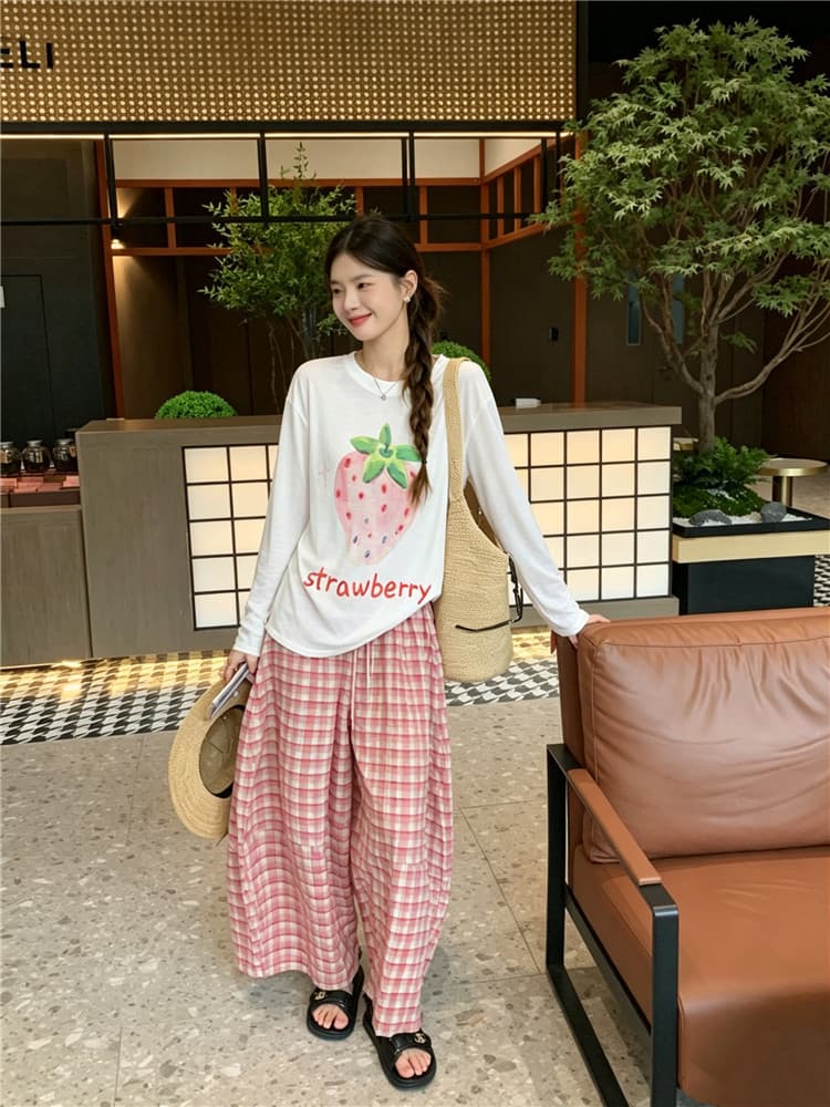 실사 레트로 핑크색 체크무늬 와이드 레그 팬츠 긴팔 얇은 스타일 다이아몬드 세팅 자외선 차단 맨위 이미지 2