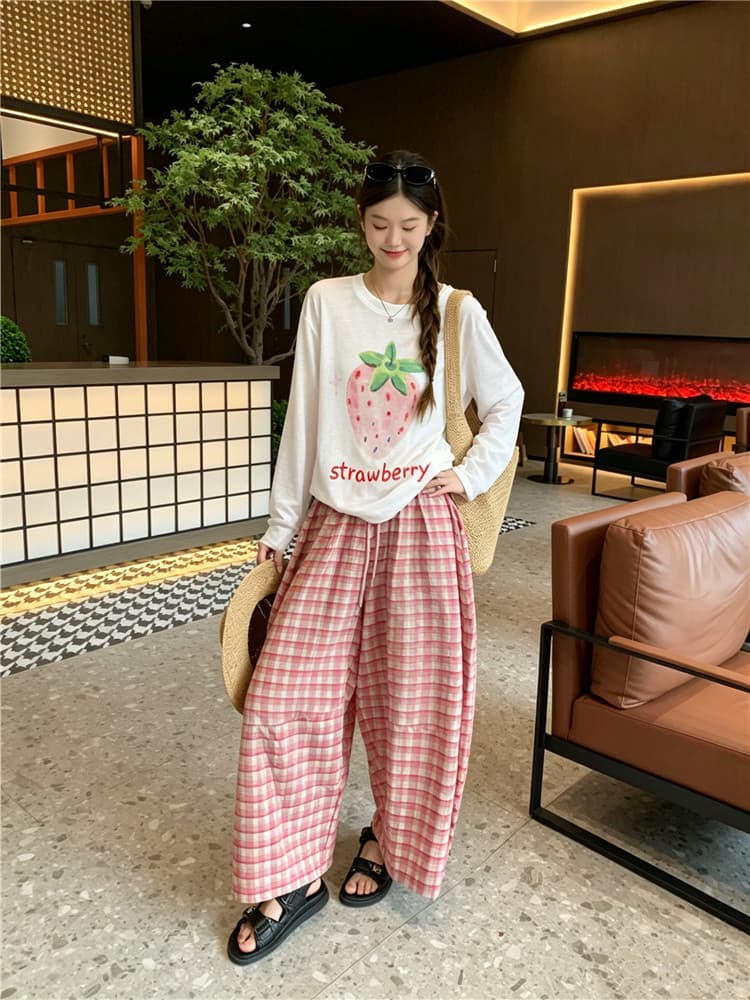 실사 레트로 핑크색 체크무늬 와이드 레그 팬츠 긴팔 얇은 스타일 다이아몬드 세팅 자외선 차단 맨위 상세 이미지 5
