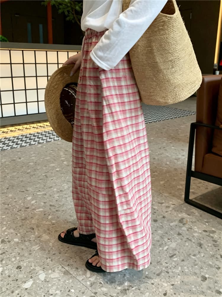 실사 레트로 핑크색 체크무늬 와이드 레그 팬츠 긴팔 얇은 스타일 다이아몬드 세팅 자외선 차단 맨위 상세 이미지 6