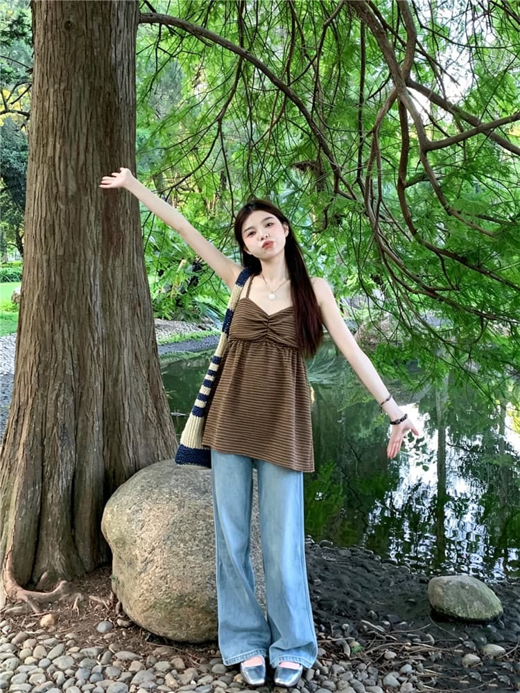 실사 둘째 머리카락 프랑스식 V넥 스트라이프 캐미솔 맨위 중간 길이 상세 이미지 3
