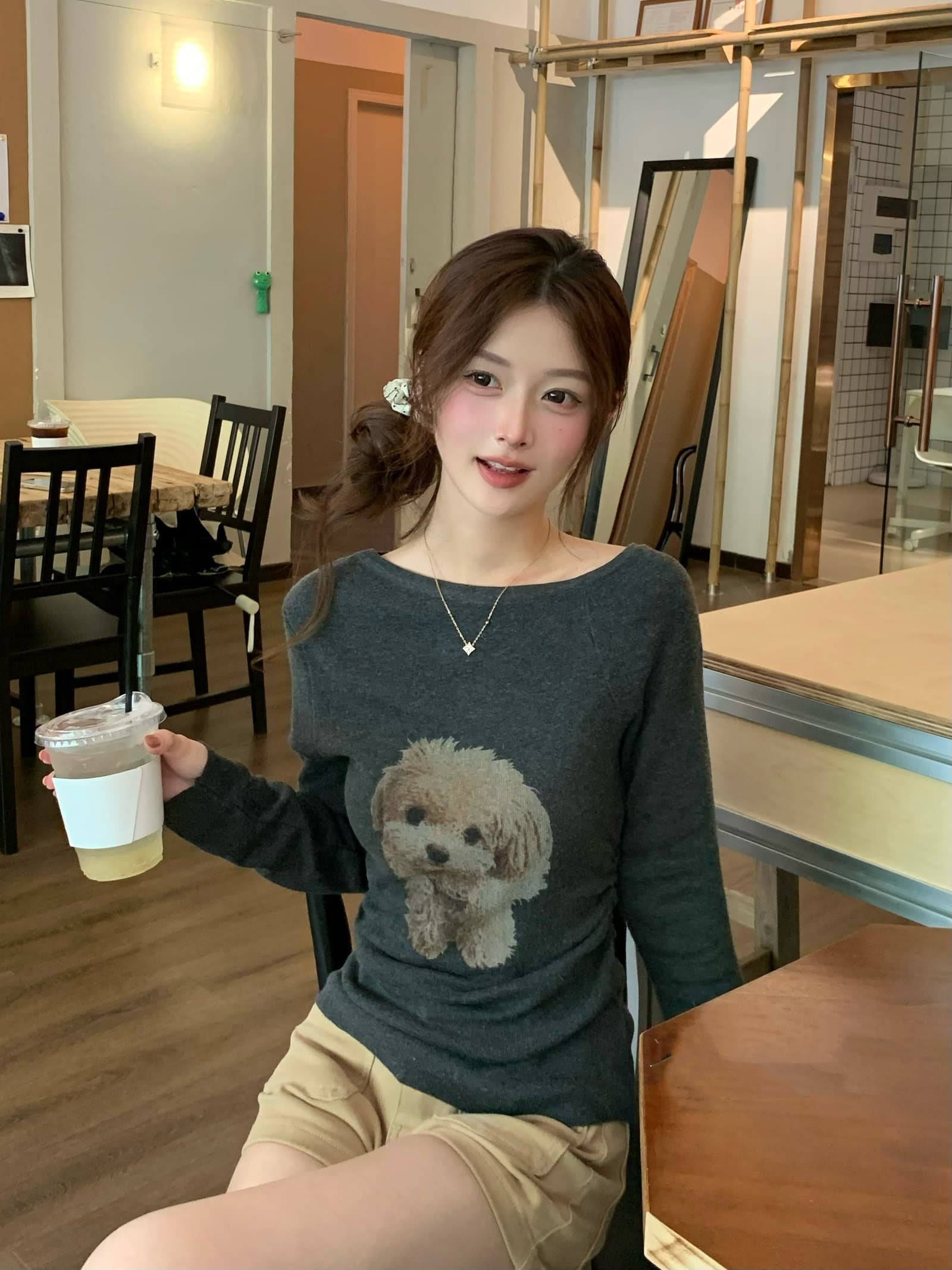 실사 둘째 머리카락 아메리칸 레트로 라운드 넥 수 있습니다. 오프숄더 착용 멩 개 프린트 몸매 가꾸기 슬림해 보이는 맨위 니트 스웨터 이미지 3