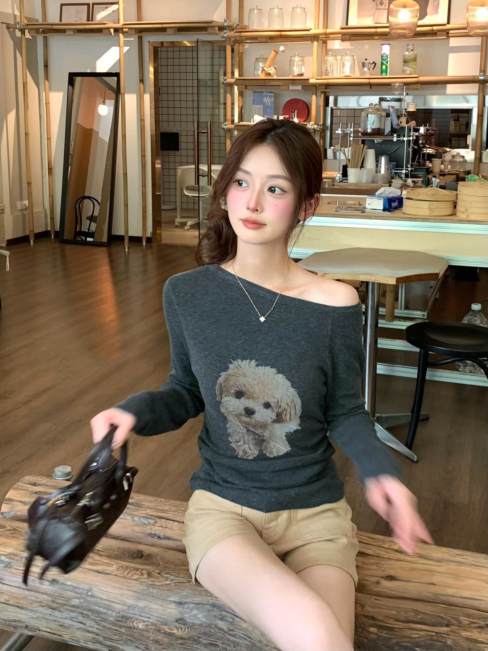 실사 둘째 머리카락 아메리칸 레트로 라운드 넥 수 있습니다. 오프숄더 착용 멩 개 프린트 몸매 가꾸기 슬림해 보이는 맨위 니트 스웨터 이미지 4