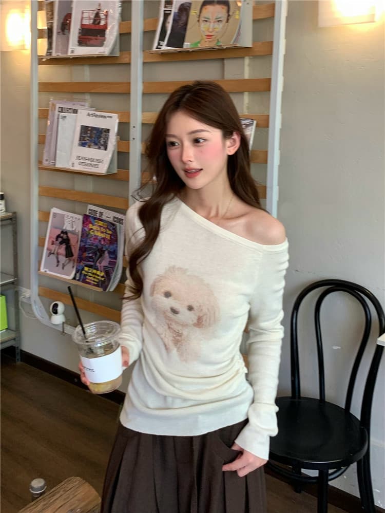 실사 둘째 머리카락 아메리칸 레트로 라운드 넥 수 있습니다. 오프숄더 착용 멩 개 프린트 몸매 가꾸기 슬림해 보이는 맨위 니트 스웨터 상세 이미지 4