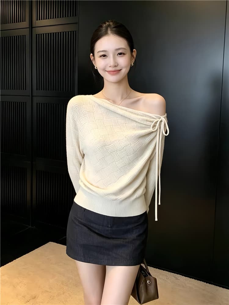 실사 품격 스트랩 흔들다 칼라 비스듬한 어깨 니트 스웨터 느슨함 오프숄더 긴팔 다용도 맨위 여성 상세 이미지 2